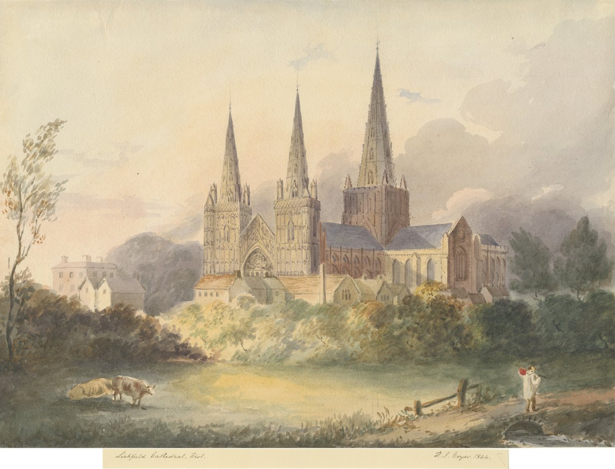 Lichfield Cathedral - West View: vannfargemaleri, 1844 av Henry James Noyes