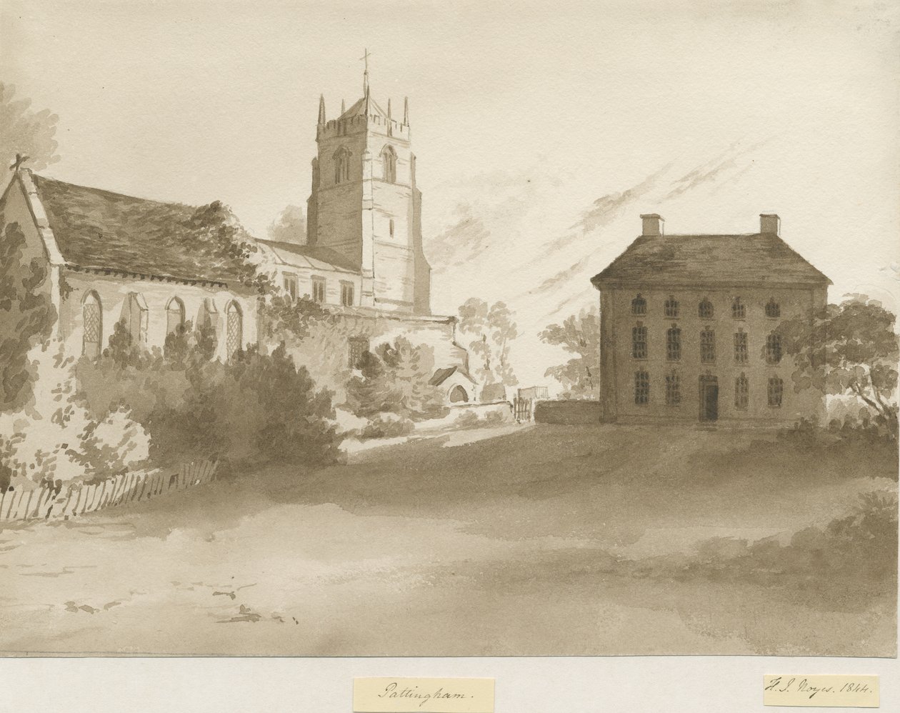 Pattingham Church and Vicarage House: sepia vasketegning, 1844 av Henry James Noyes