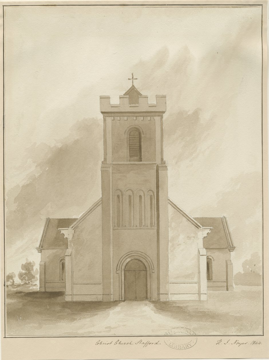 Stafford - Christ Church: sepia vasketegning, 1844 av Henry James Noyes
