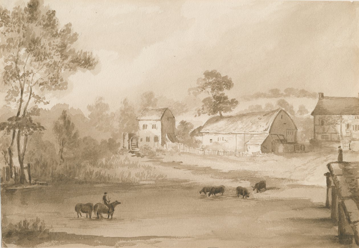Trysull Mølle: sepia vask tegning av Henry James Noyes