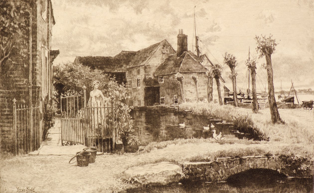Uten tittel [Village Scene] (etsing) av Henry John Yeend King