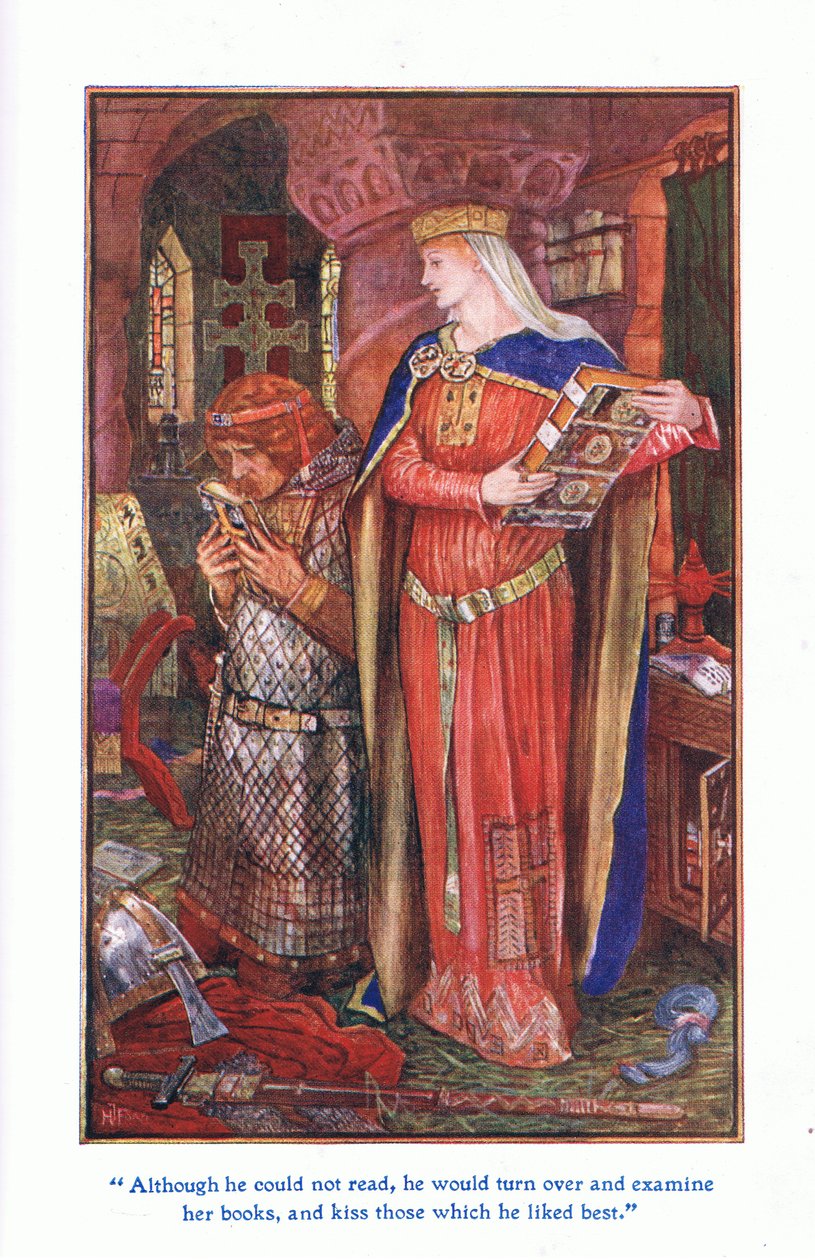 Selv om han ikke kunne lese, snudde han seg og undersøkte bøkene hennes og kysset de han likte best, 1912 av Henry Justice Ford