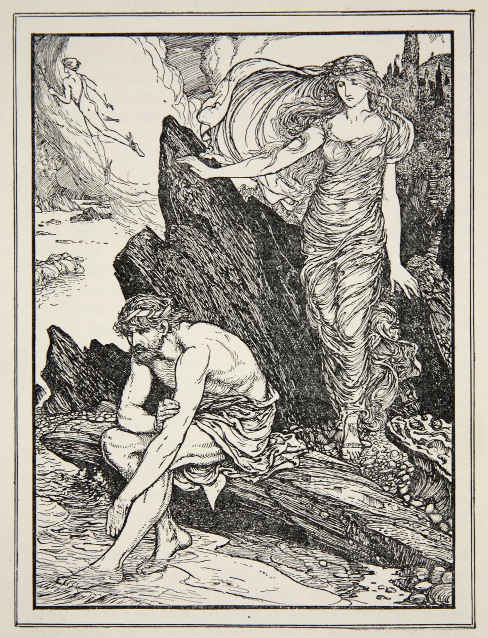 Calypso tar synd på Ulysses, fra "Tales of the Greek Seas" av Andrew Lang av Henry Justice Ford