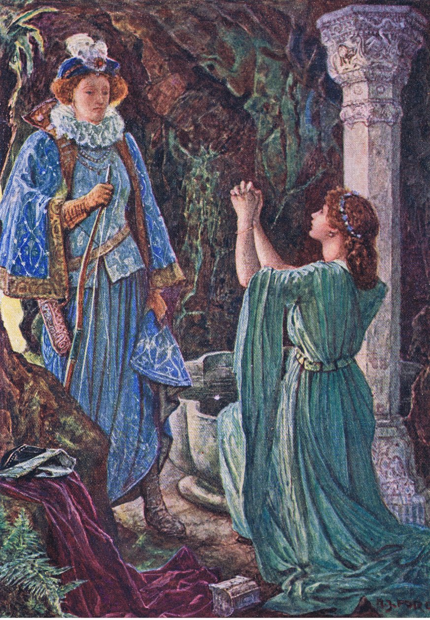 Elizabeth og Amy møtes i grotten, illustrasjon fra Kenilworth, ca. 1910 av Henry Justice Ford