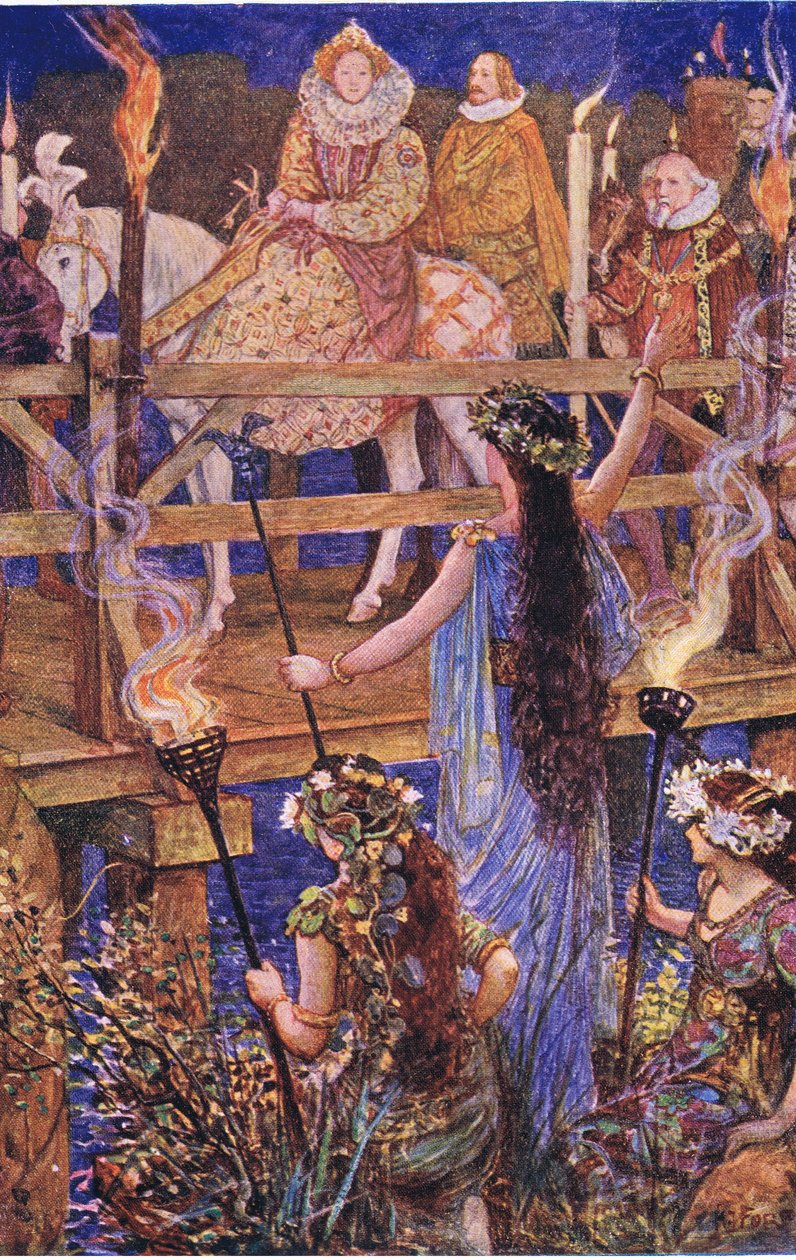 Elizabeth blir ønsket velkommen av damen på den flytende øya, illustrasjon fra Kenilworth, ca. 1910 av Henry Justice Ford