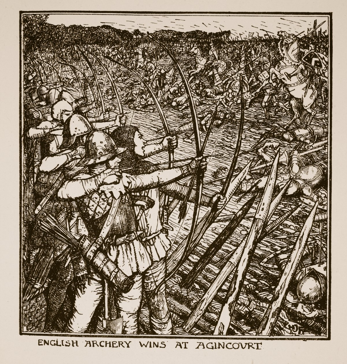 Engelsk bueskyting vinner på Agincourt, illustrasjon fra 