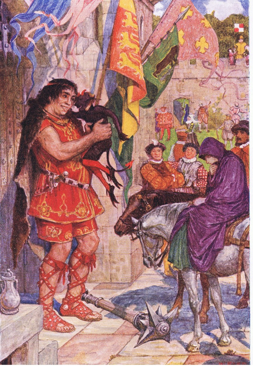 Flibbertigibbet kledd som en djevel pasifiserer kjempen når Wayland tar med Amy til Kenilworth Castle, illustrasjon fra Kenilworth, ca. 1910 av Henry Justice Ford