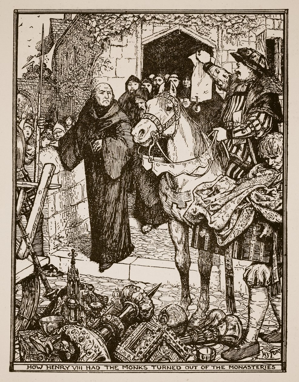 Hvordan Henry VIII fikk munkene vendt ut av klostrene, illustrasjon fra 'A History of England' av CRL Fletcher og Rudyard Kipling, 1911 av Henry Justice Ford