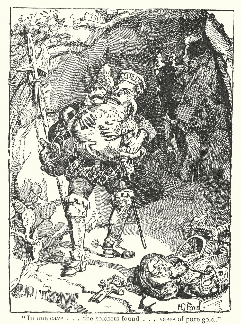quot;I en hule. Soldatene fant. Vaser av rent gullquot; (litografi) av Henry Justice Ford