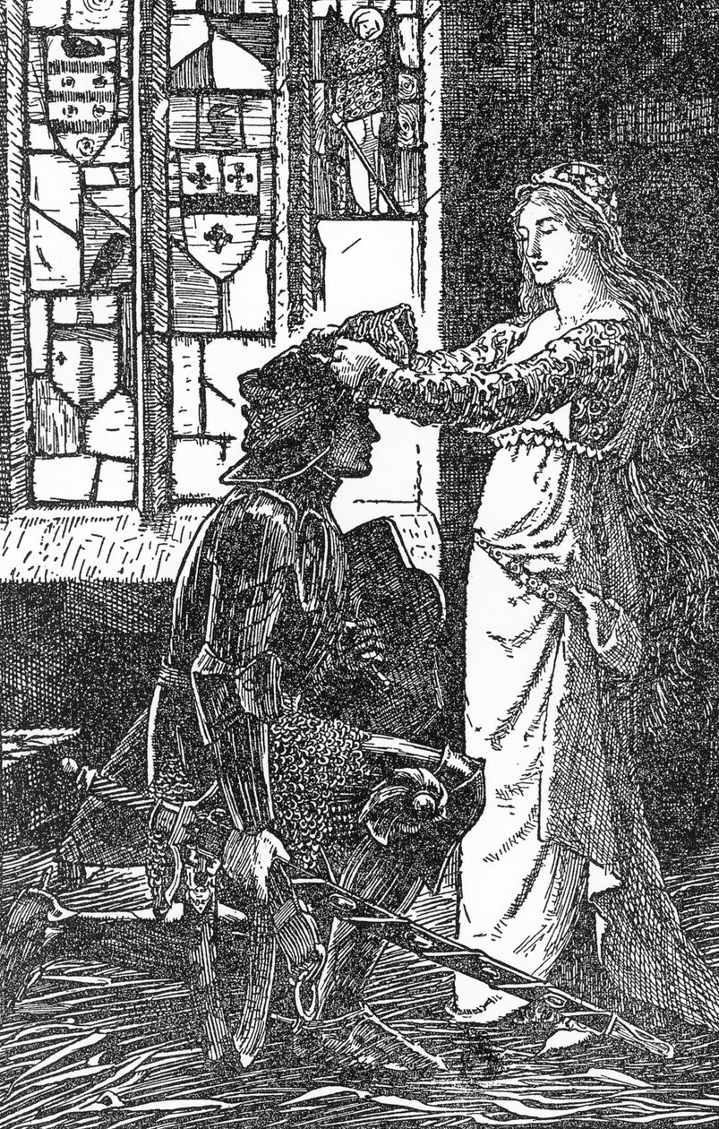 Lancelot og Elaine d'Astolat (Launcelot og Elaine) Illustrasjon av HJ Ford (1860-1940) fra "The book of romance"" 1902 Privat samling av Henry Justice Ford