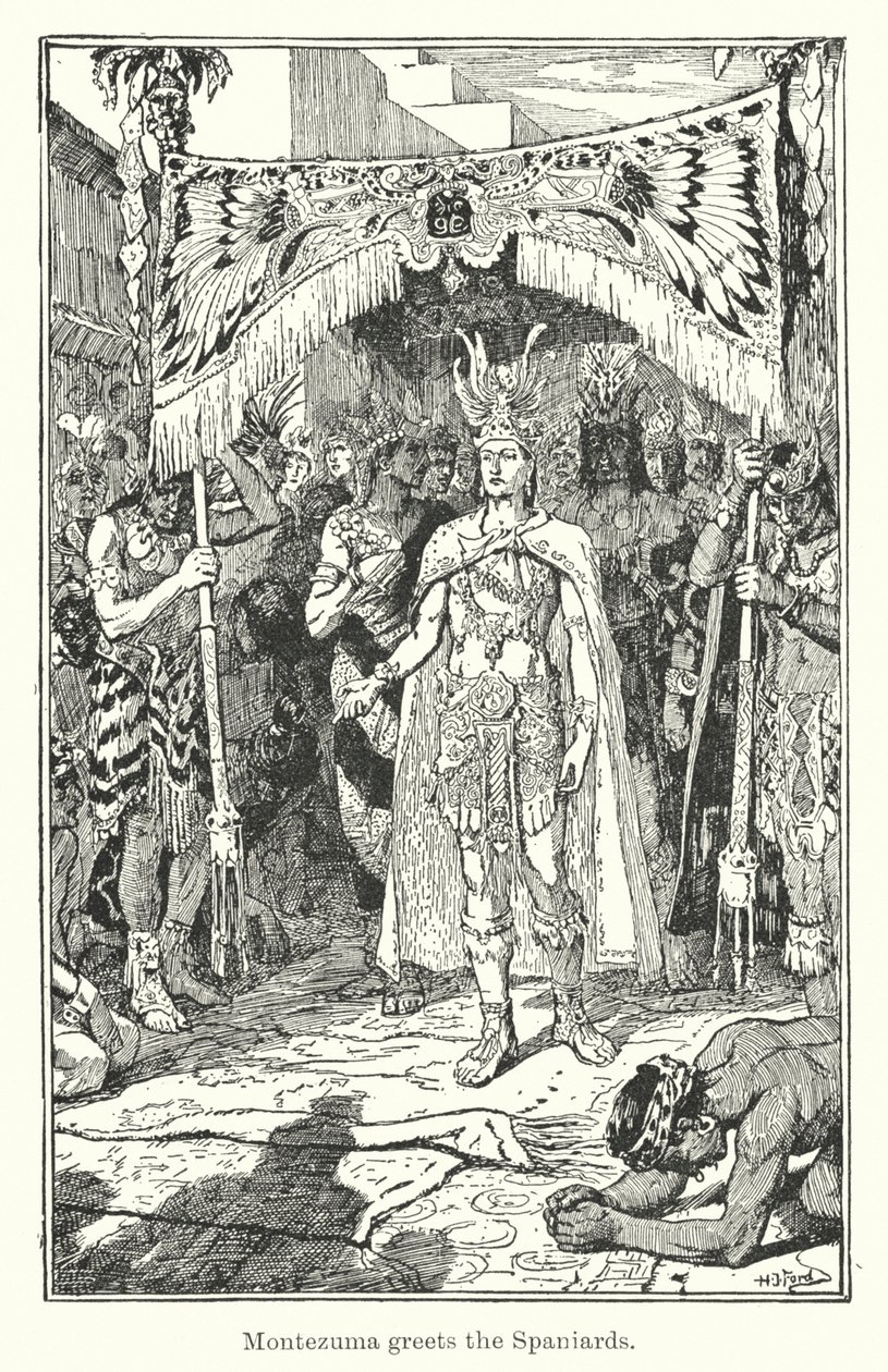 Montezuma hilser på spanjolene (gravering) av Henry Justice Ford