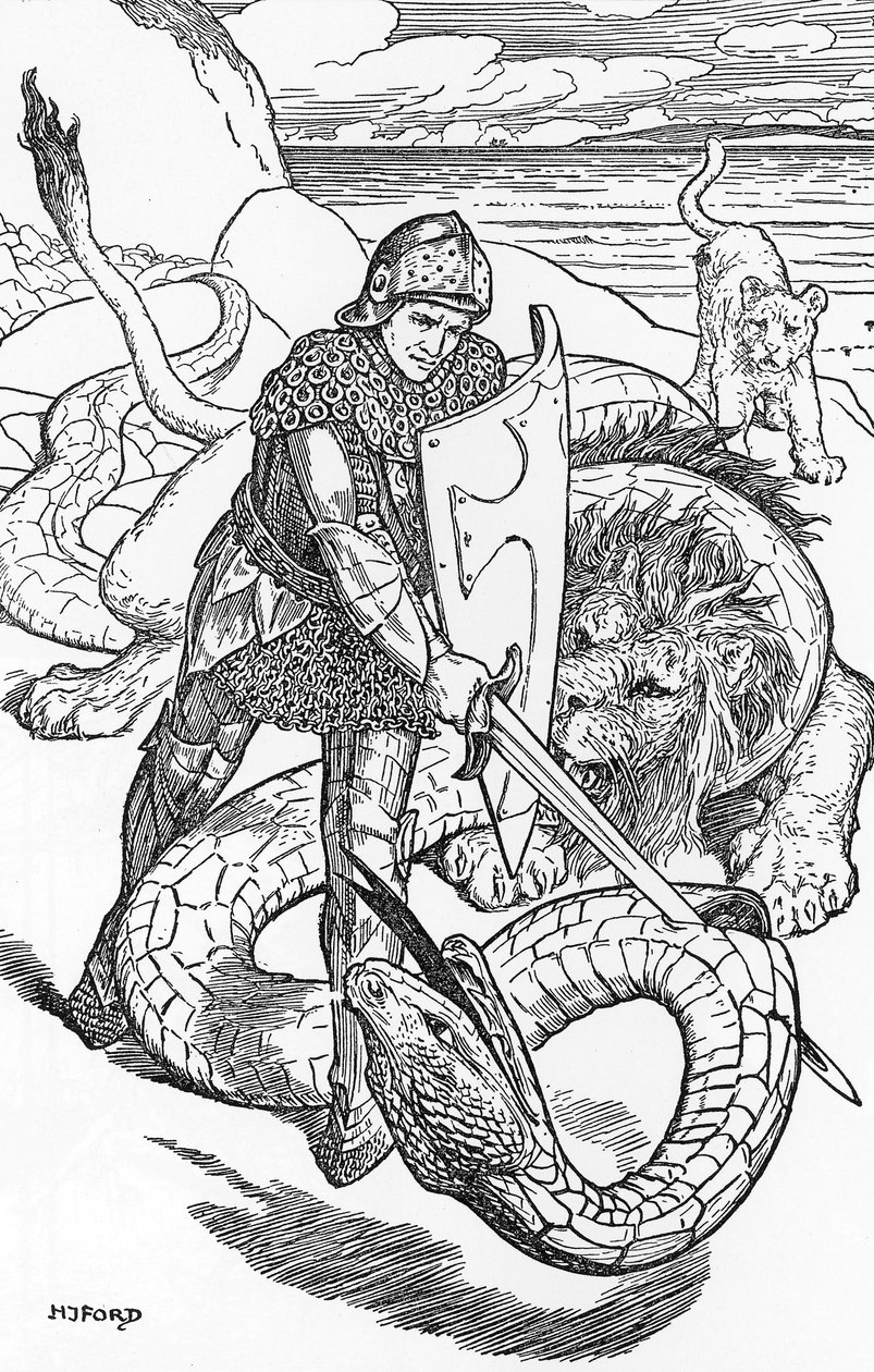 Percival fightint the slang Illustrasjon av HJ Ford (1860-1940) fra "The book of romantikk" 1902 Privat samling av Henry Justice Ford