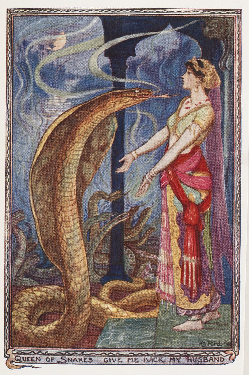 Queen of Snakes, Gi meg tilbake mannen min, illustrasjon fra The Olive Fairy Book, av Andrew Laing, 1907 av Henry Justice Ford