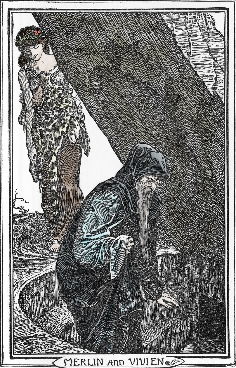Representasjon av Merlin the Enchanter og Fee Viviane (Merlin anc Vivien) Illustrasjon av Henry Justice (HJ) Ford (1860-1941) fra "The book of romantikk"" 1902 Collection privee av Henry Justice Ford