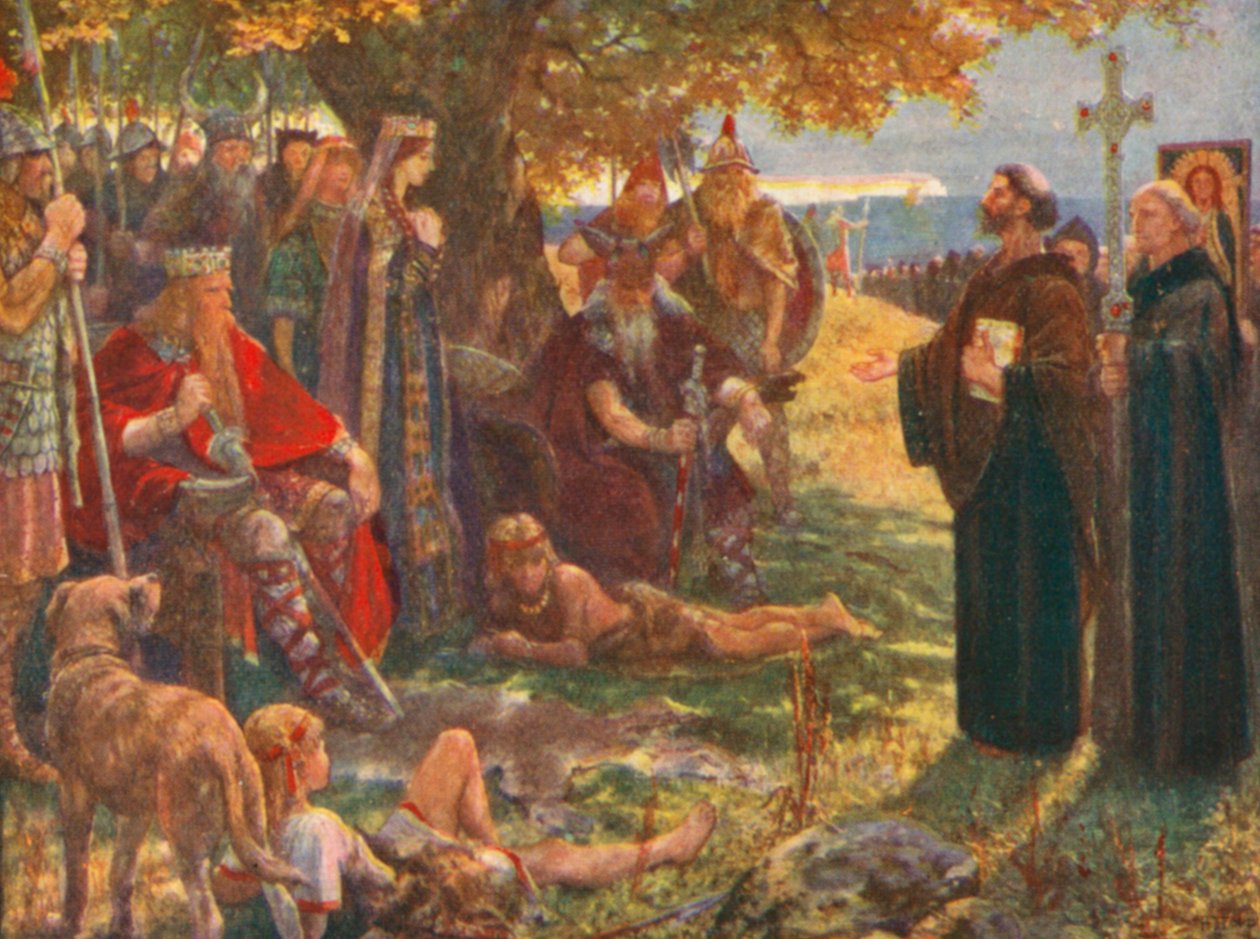 St. Augustin forkynner for Ethelbert, konge av Kent, og viser ham korset og et bilde av Frelseren (fargelitografi) av Henry Justice Ford