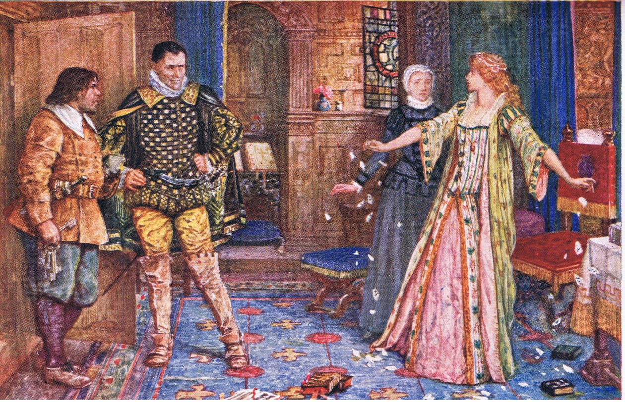 Grevinnen av Leicester river opp mannens brev i nærvær av Varney og Foster, illustrasjon fra Kenilworth, ca. 1910 av Henry Justice Ford
