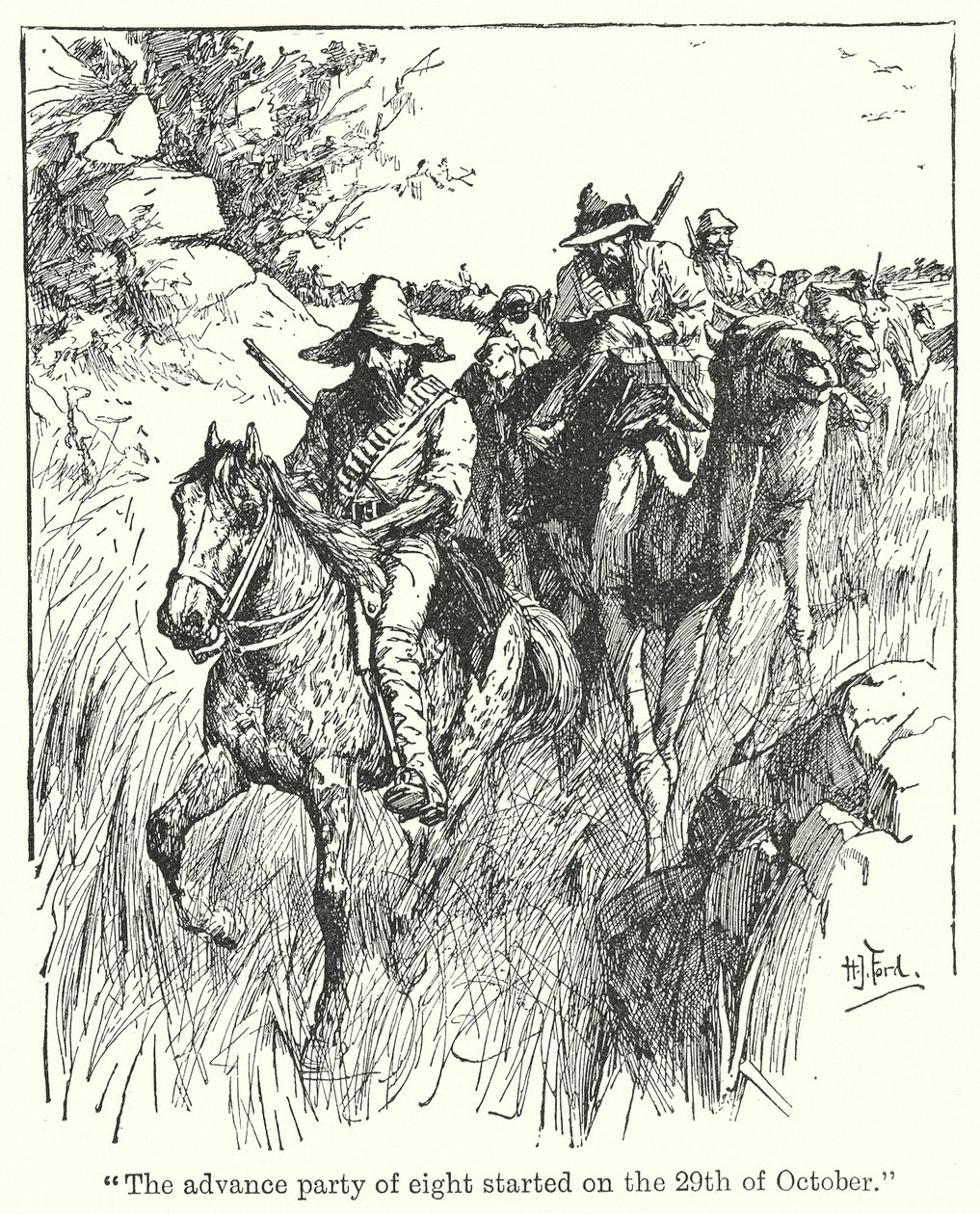 quot;Fortroppen på åtte startet 29. oktoberquot; (litografi) av Henry Justice Ford
