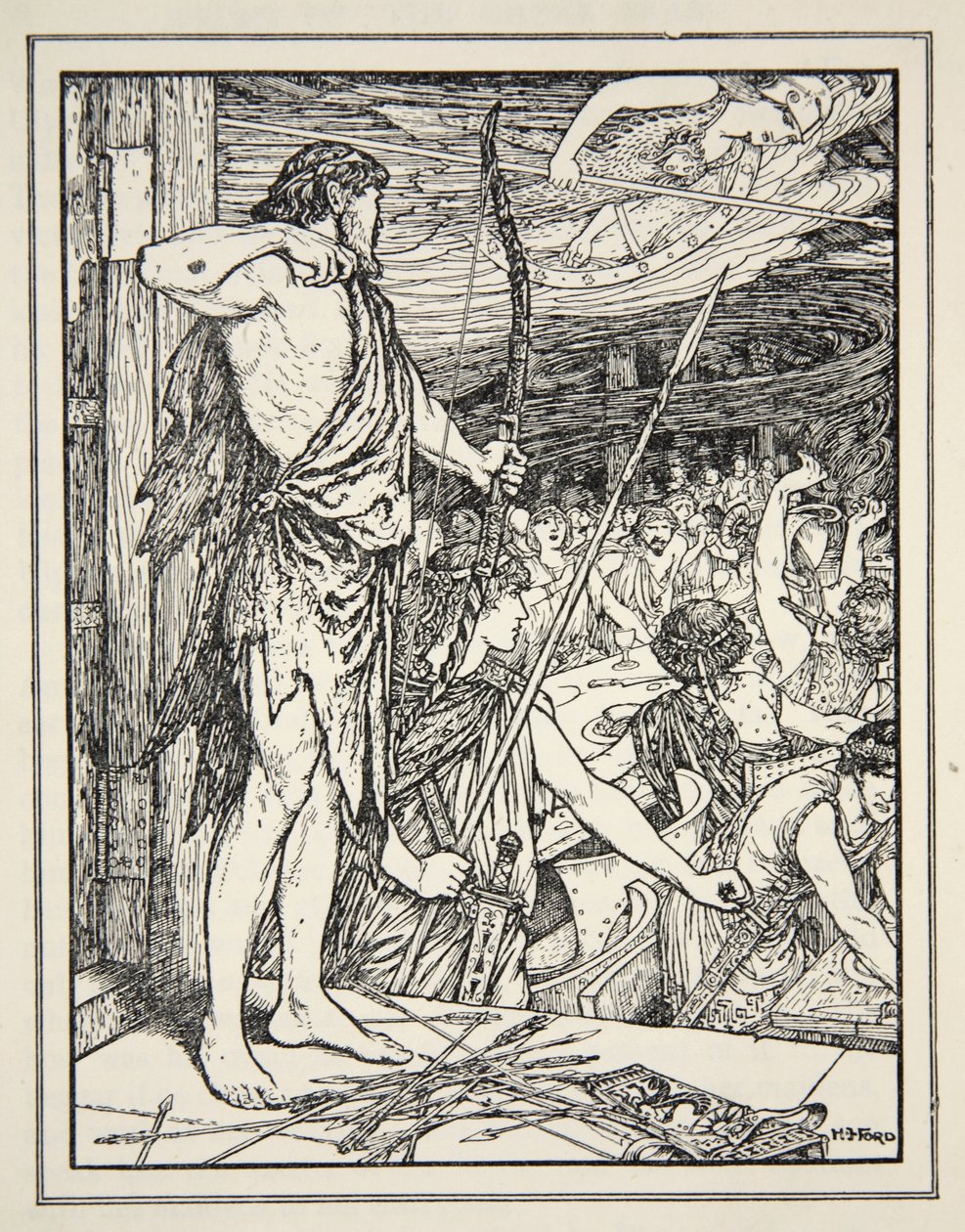 Ulysses skyter den første pilen på Wooers, fra "Tales of the Greek Seas" av Andrew Lang av Henry Justice Ford