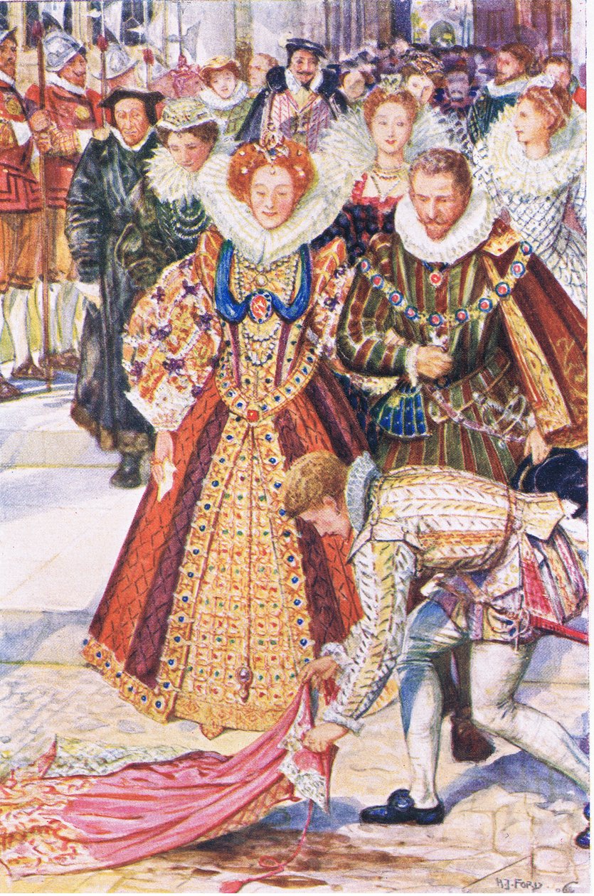 Walter Raleigh ofrer kappen sin for dronning Elizabeth, illustrasjon fra Kenilworth, ca. 1910 av Henry Justice Ford