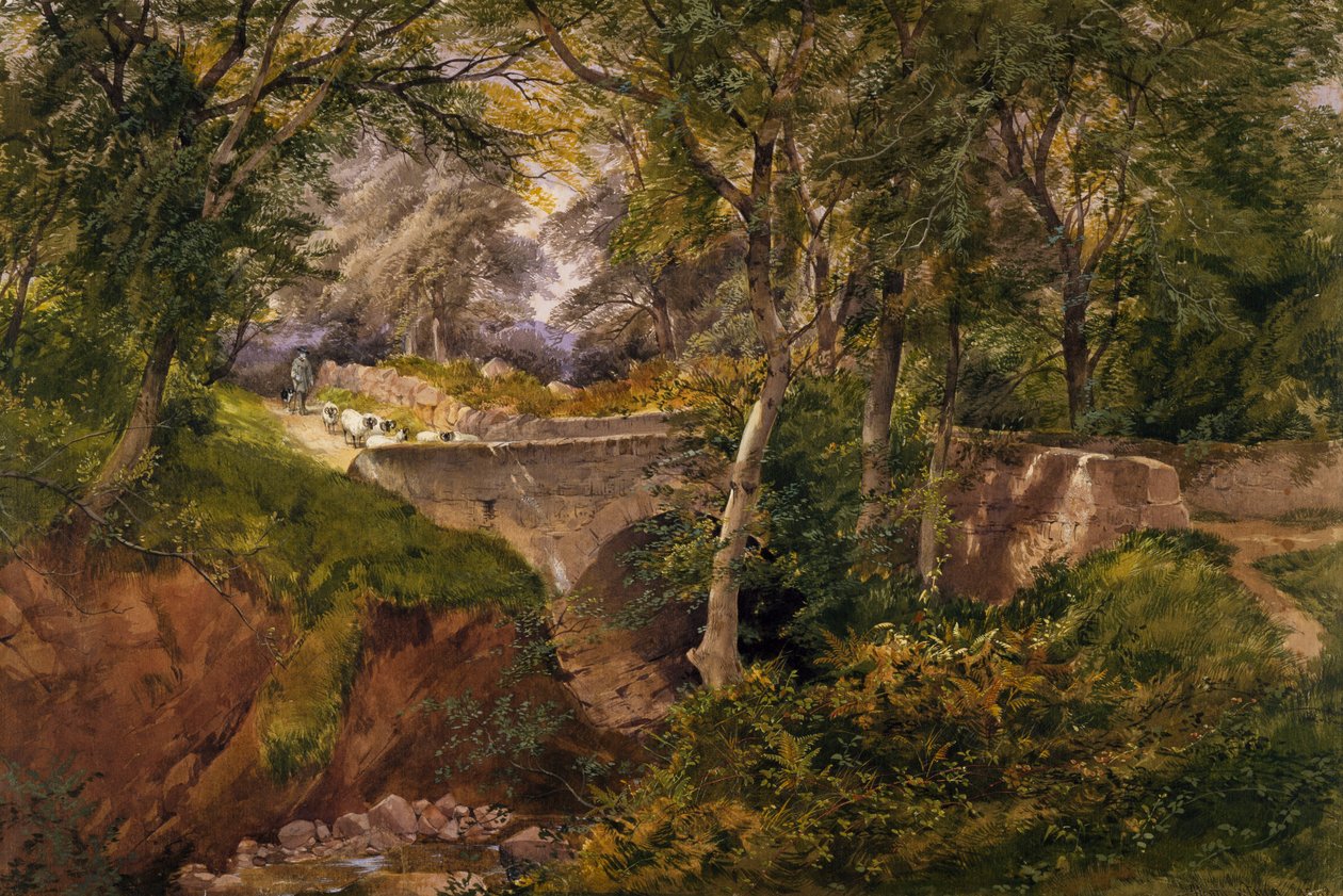 Skoglandskap med sauer som krysser en bro, 1868 av Henry Jutsum