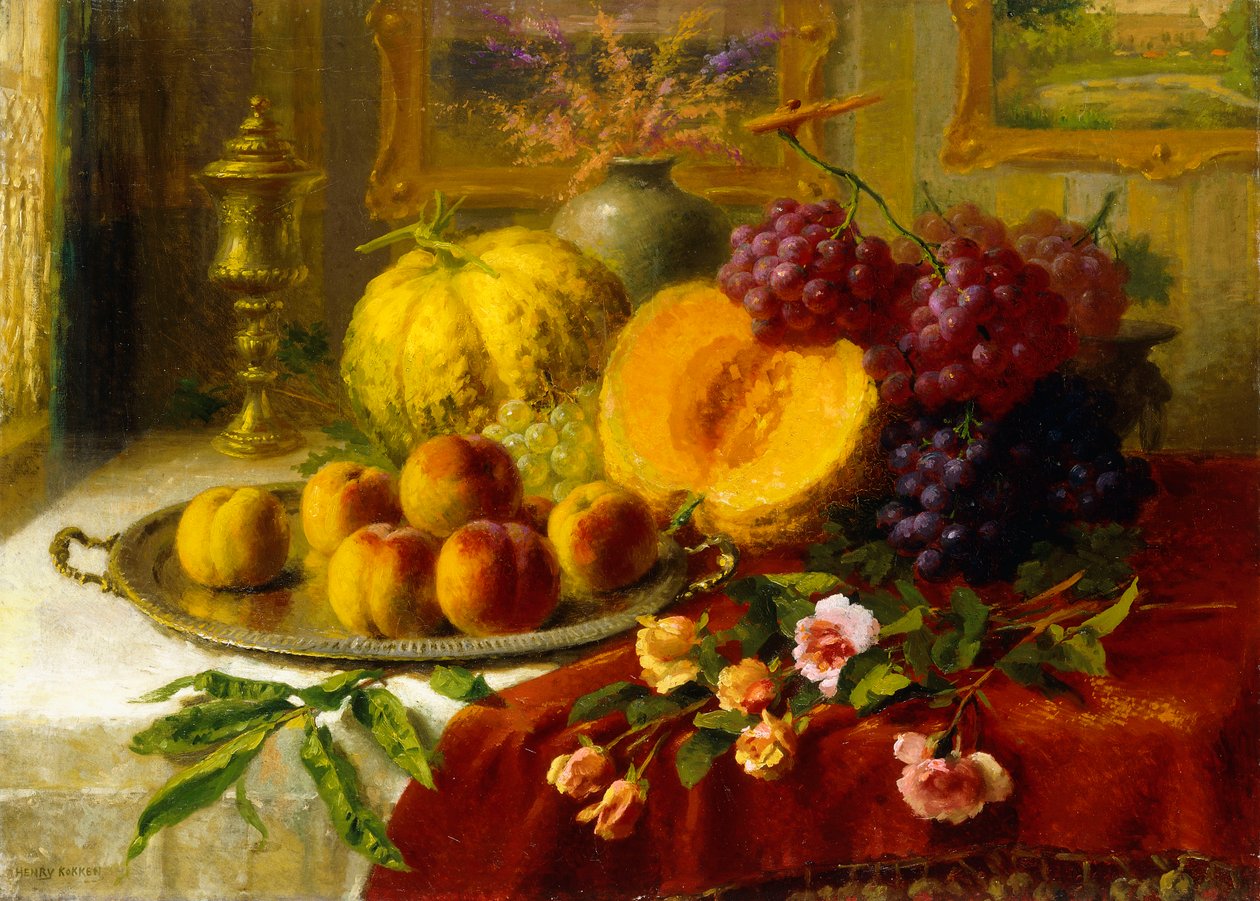 Stilleben på et bord i et interiør (olje på lerret) av Henry Kokken