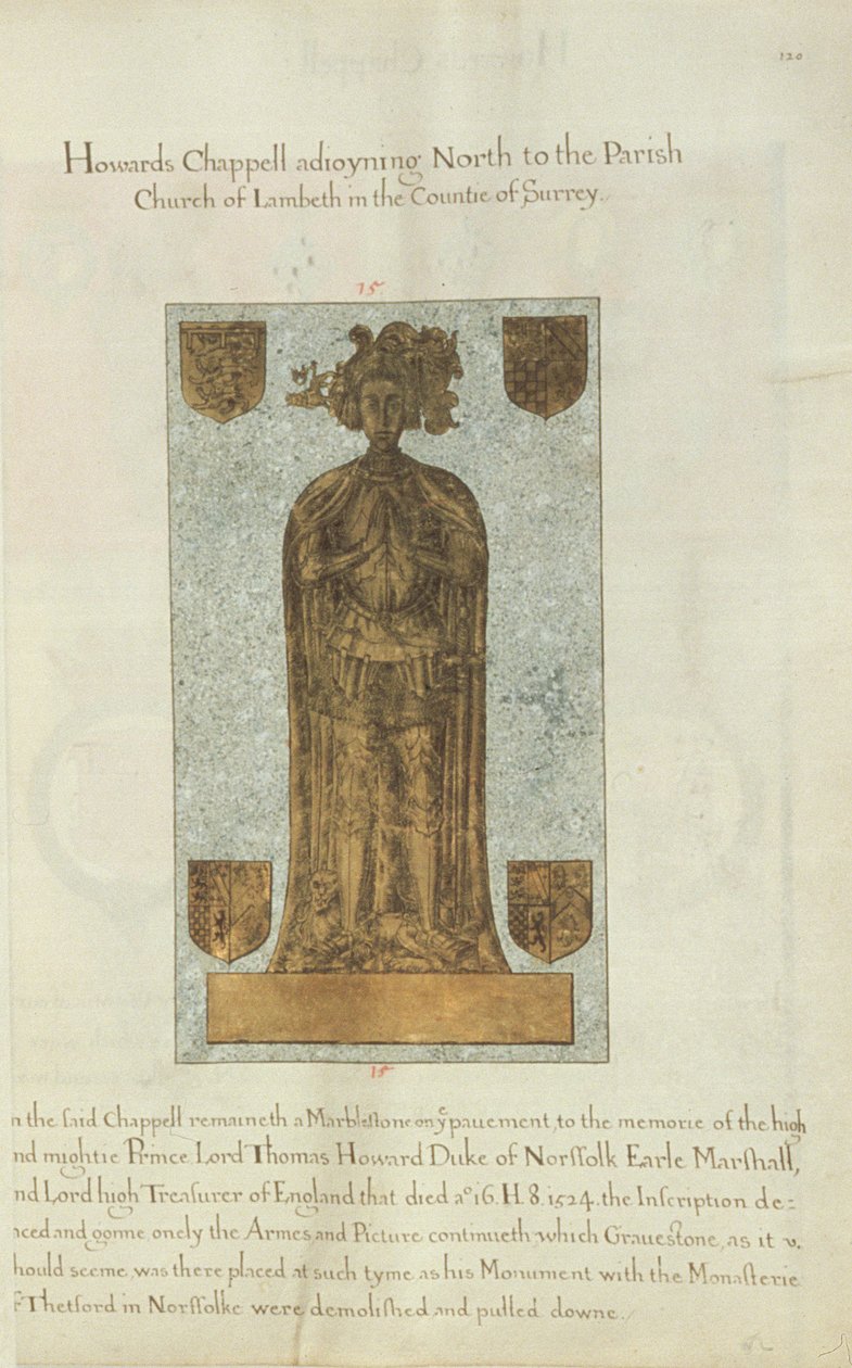 Marmorgravstein til Lord Thomas Howard Duke of Norfolk, 1637 (blekk og bladgull på vellum) av Henry Lilly