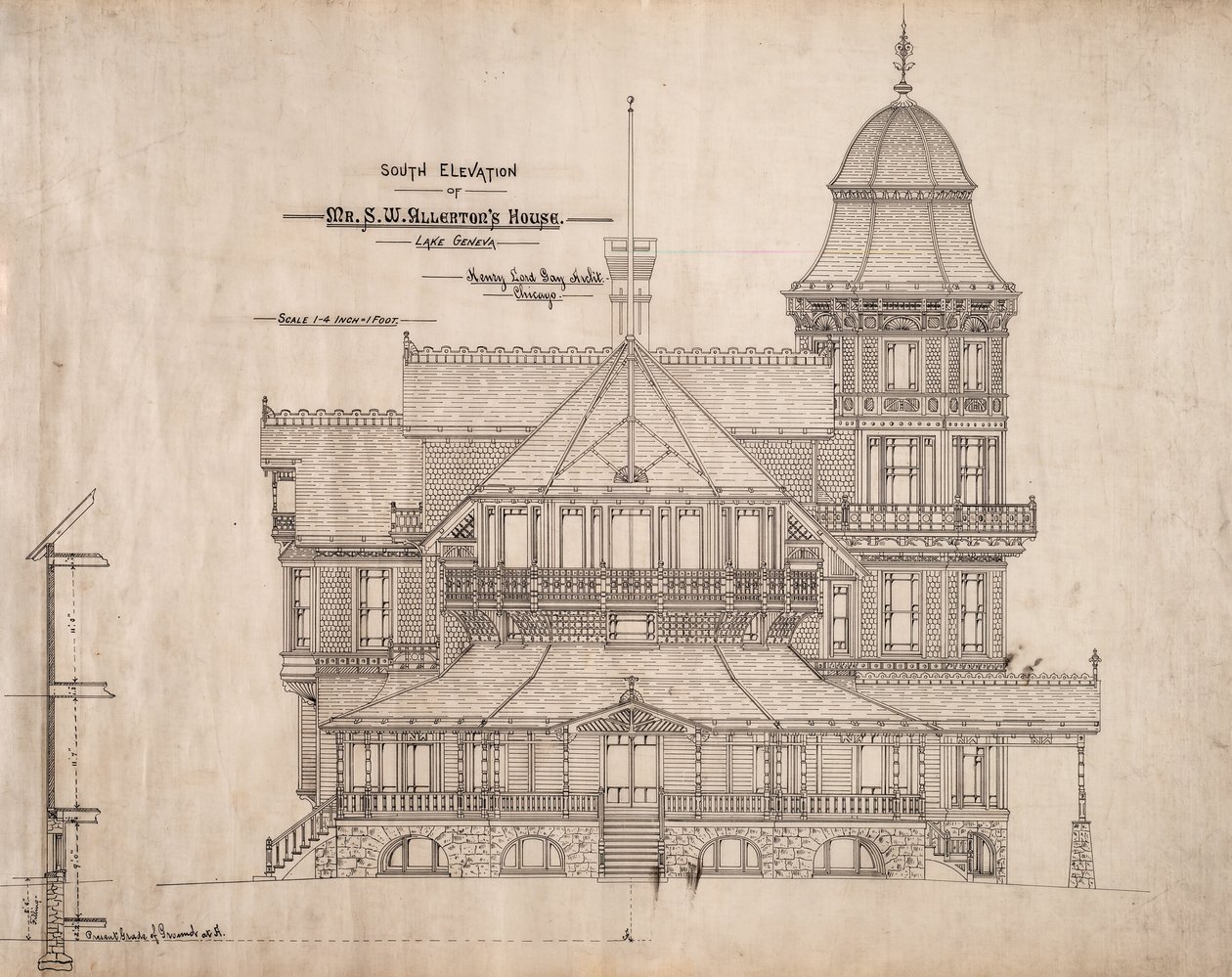 Hus for Mr. S.W. Allerton, Lake Geneva, Wisconsin: South Elevation av Henry Lord Gay