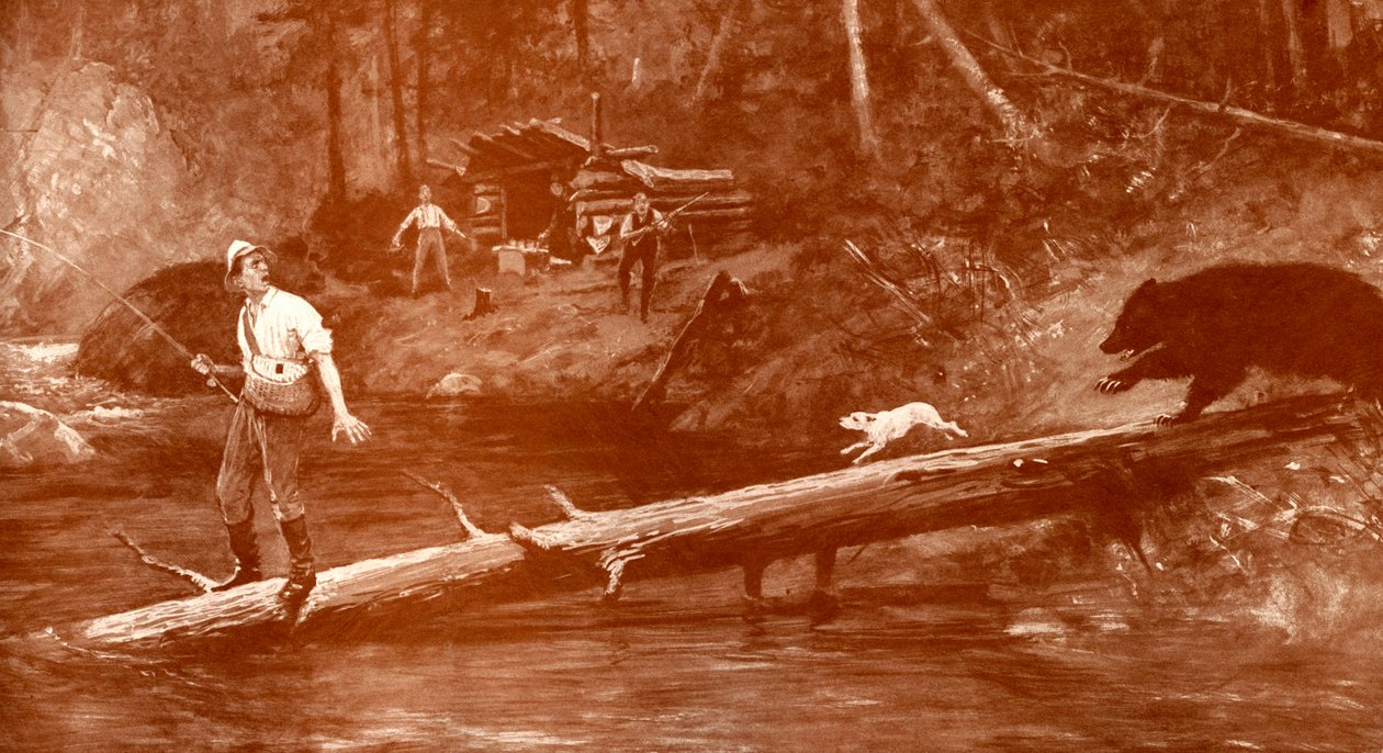 Bjørn nærmer seg fiskere i skogen av Henry Marriott Paget