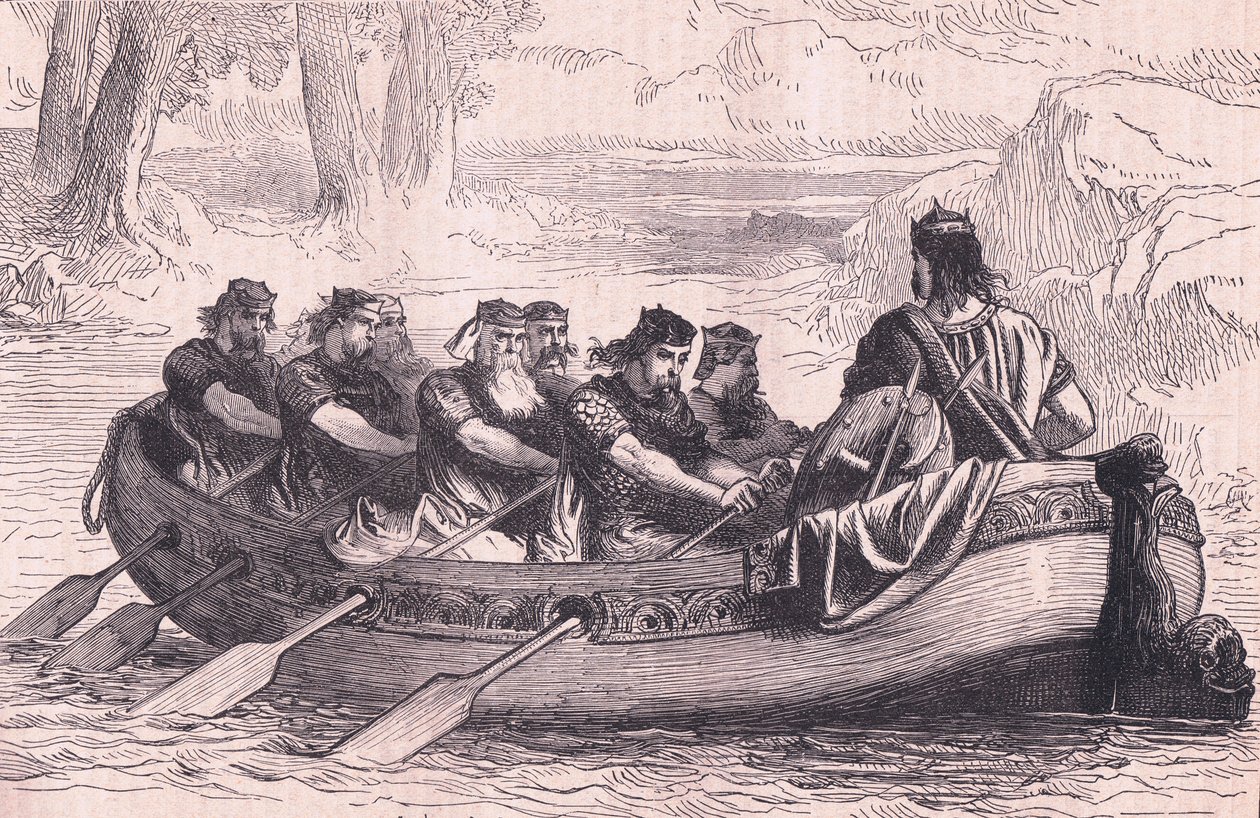 Edgar den fredelige blir rodd nedover Dee av åtte sideelvprinser 956 e.Kr. av Henry Marriott Paget