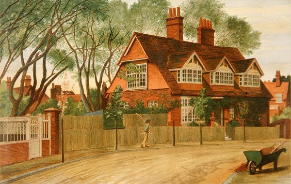 Queen Anne Gardens ser nordover, Bedford Park, Chiswick (farge litho) av Henry Marriott Paget