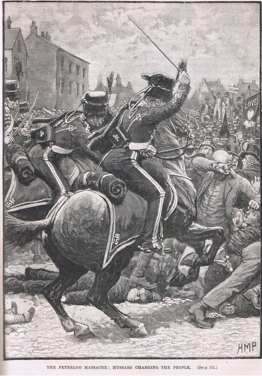 Peterloo-massakren med husarene som anklager folket, illustrasjon fra Cassells 