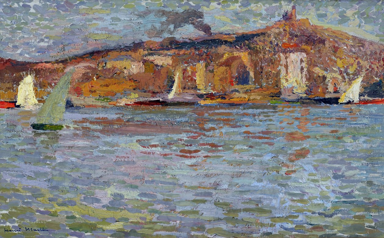 Havnen i Marseille, den gamle havnen og «den gode mor» (Cathedrale Notre Dame de la Garde (Notre-Dame-de-la-Garde). Maleri av Henri Martin (1835-1908). Olje på lerret. Mål: 38x61cm Obligatorisk omtale: Regards de Provence foundation collection, Marseille av Henry Martin