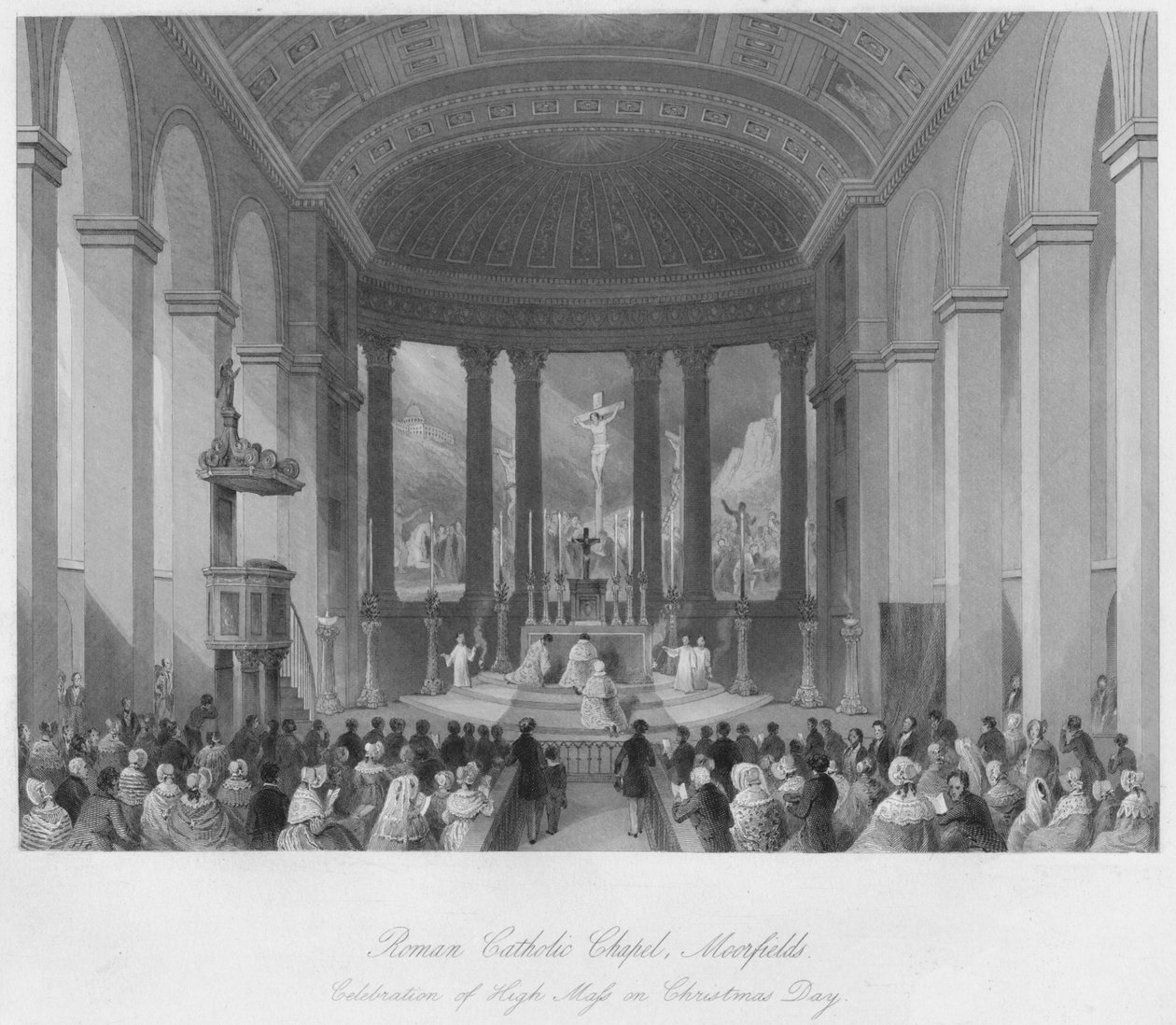 Romersk-katolske kapell, Moorfields. Feiring av høymesse 1. juledag, c1841 av Henry Melville