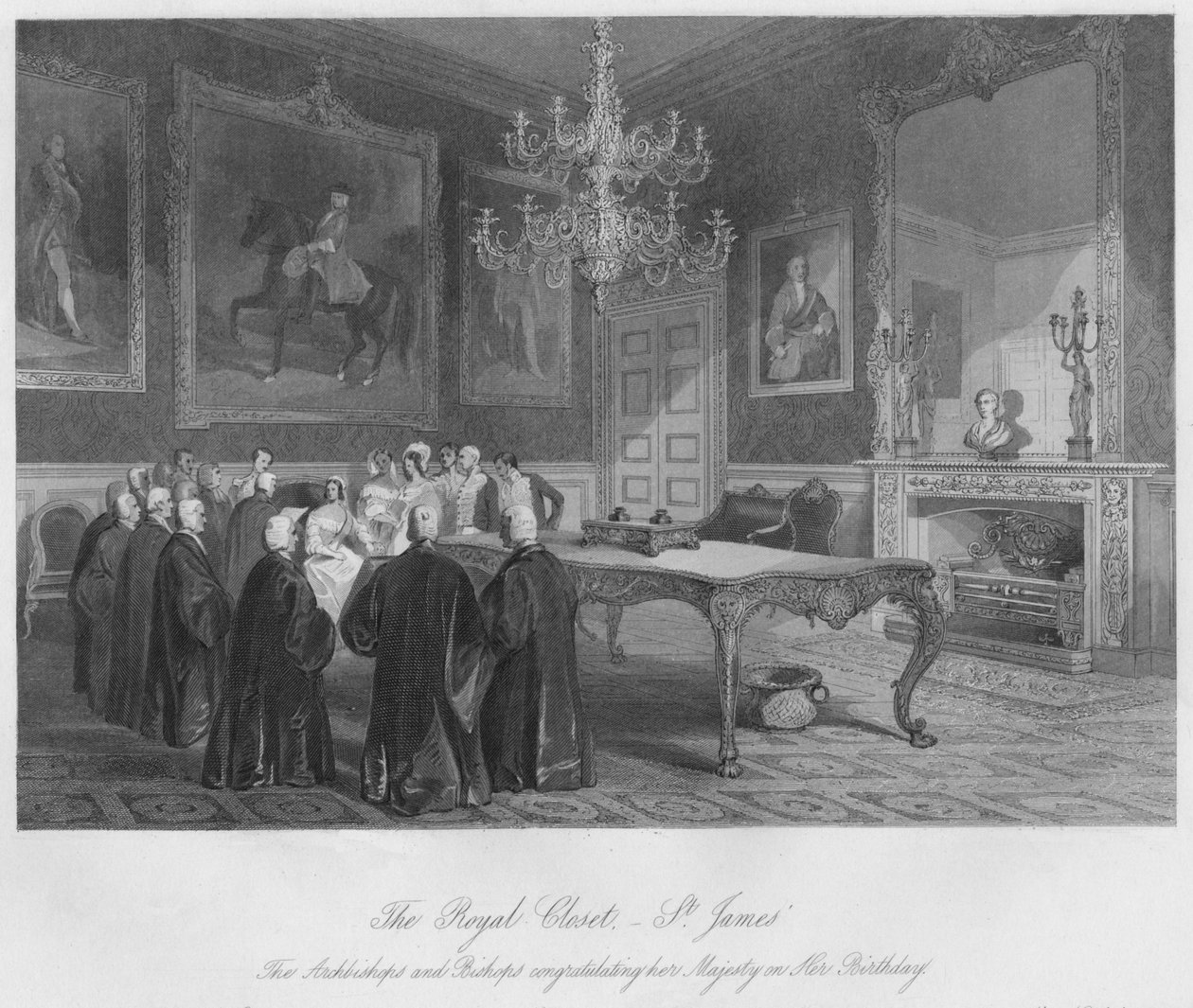 Det kongelige skapet. - St. Jamess. Erkebiskopene og biskopene gratulerer Hennes Majestet med Hennes Birt av Henry Melville