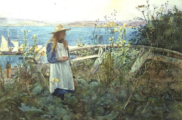 En jente i en hage ved havet av Henry Meynell Rheam