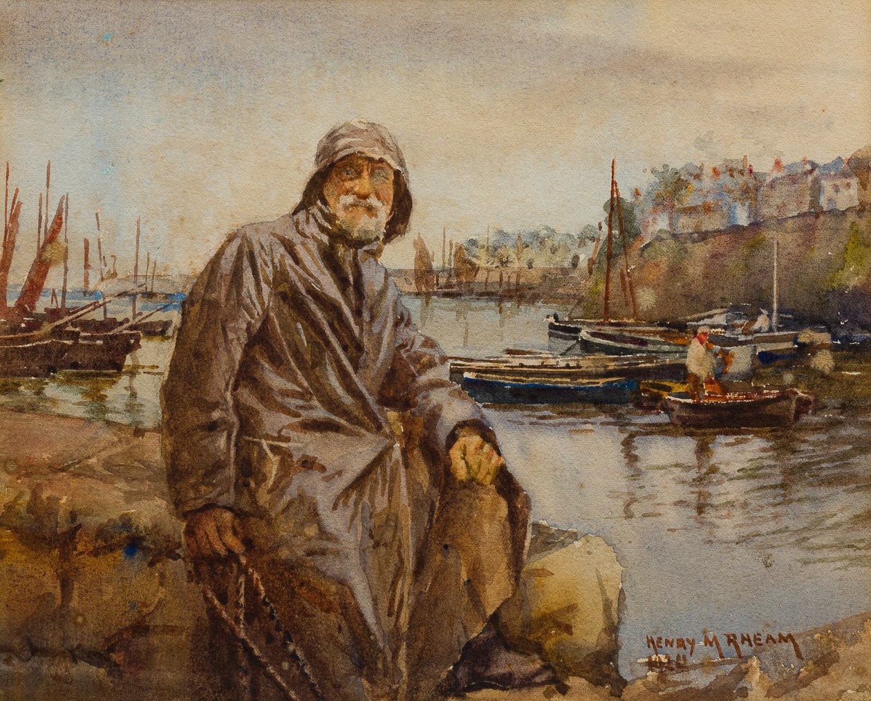Fisherman on Newlyn Harbour Wall, 1920 (wc på papir) av Henry Meynell Rheam