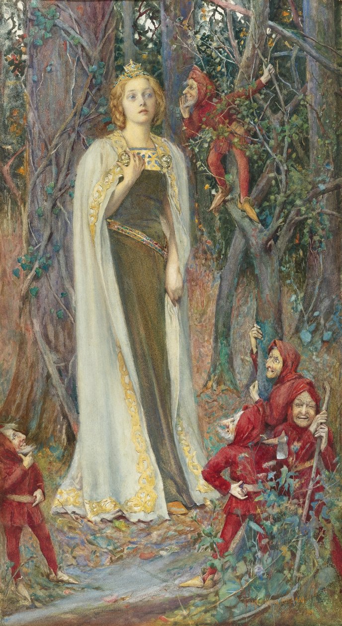 Prerafaelittiske malerier: Once Upon a Time (Snøhvit) (Blanche Neige) av Rheam, Henry Meynell (1859-1920). Akvarell, Gouache på papir, 78x43. Privat samling av Henry Meynell Rheam