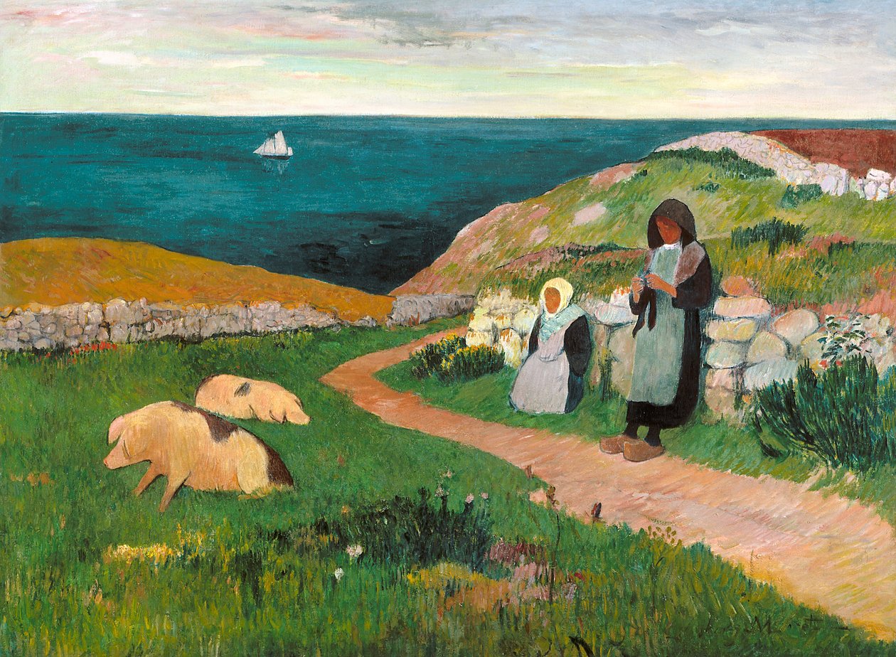 Young Breton Girls In The Field (olje på lerret) av Henry Moret