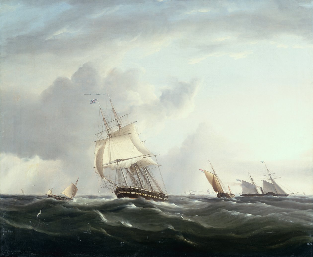 En fregatt, en paddlesteamer og nederlandsk Smallcraft in the Downs (olje) av Henry Moses
