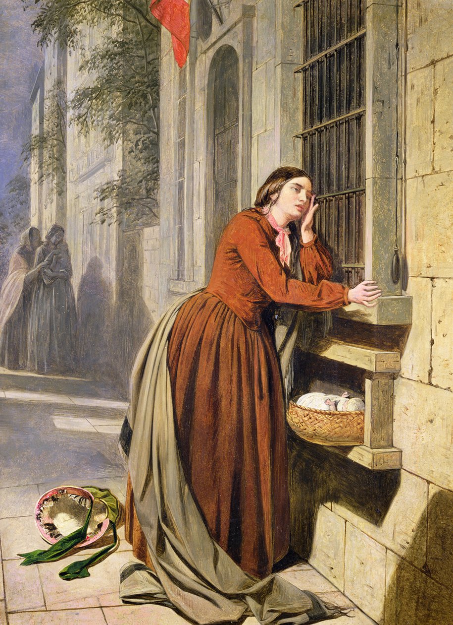 Mor deponerer barnet sitt på Foundling Hospital i Paris, ca. 1855-60 (olje på tre) av Henry Nelson O