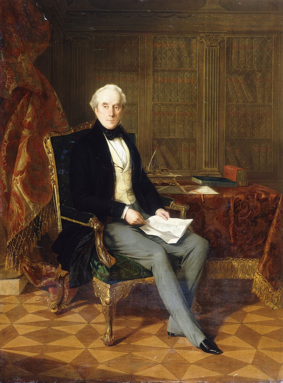 Portrett av Henry Pelham-Clinton, K.G., 4. hertug av Newcastle, holder et dokument, i hans studie, 1850 av Henry Nelson ONeil