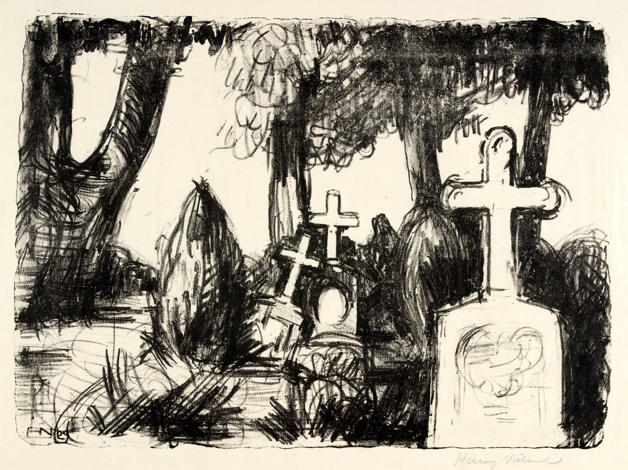 Kirkegård med tre gravsteiner av Henry Nielsen