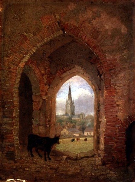 Utsikt gjennom buegangen til Cow Tower, Norwich (olje på panel) av Henry Ninham