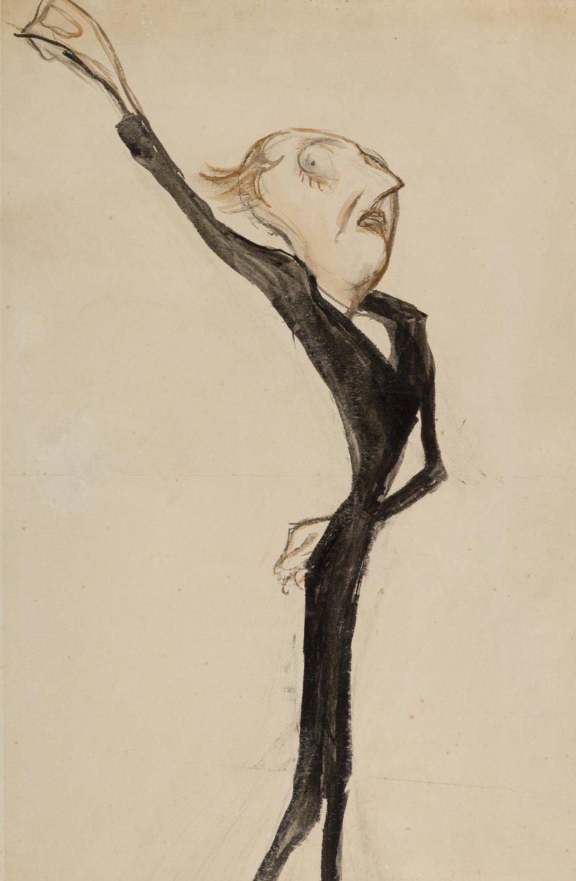 En teatralsk figur, muligens Sir Beerbohm Tree, ca. 1908 (pensel, wc og blekk på papir) av Henry Ospovat