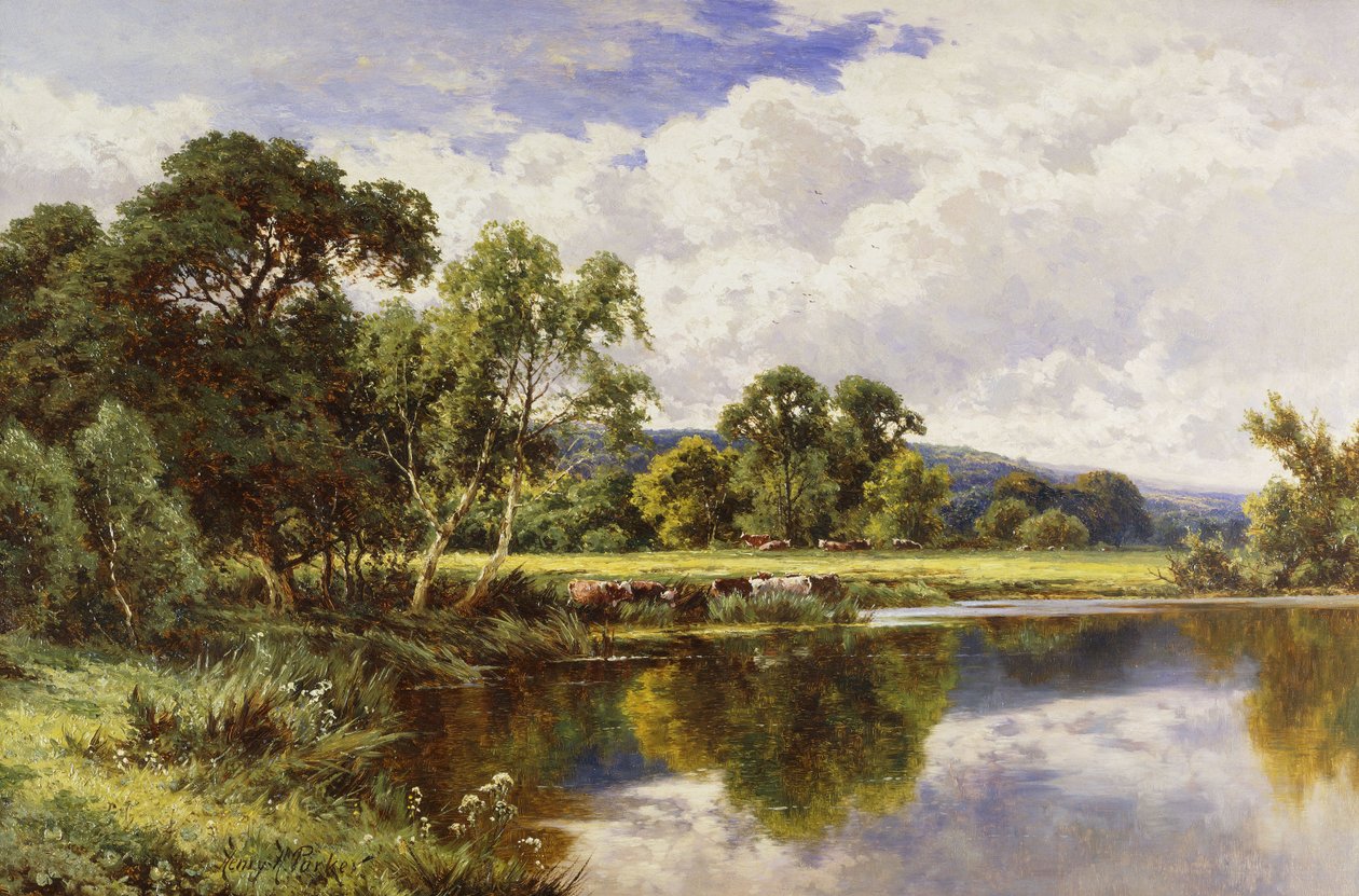 Et skogkledd elvelandskap med storfe, av Henry Parker