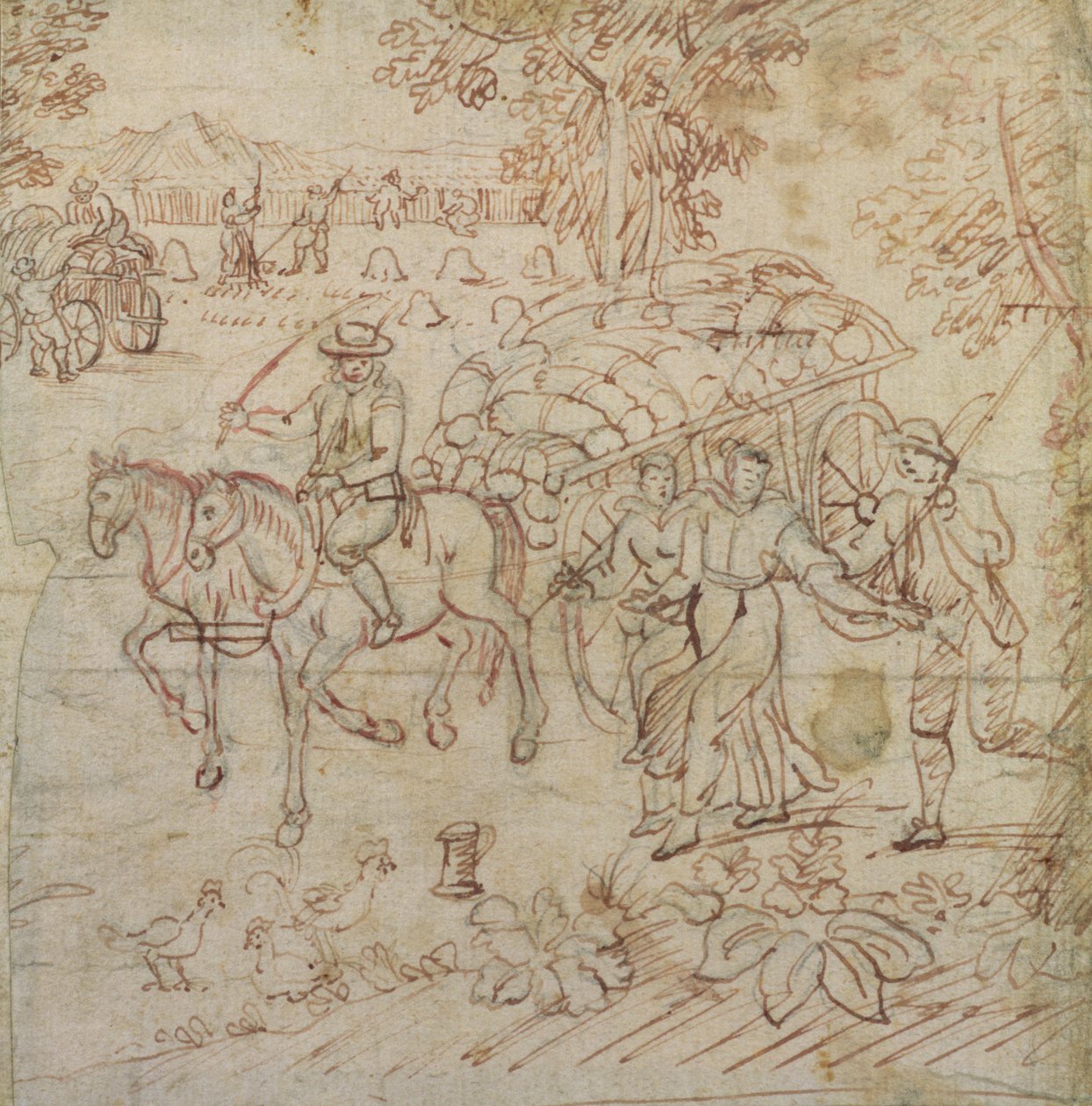 Landskap med innhøstingsmaskiner som vender hjem, ca. 1595-1605 (penn og brunt blekk på papir) av Henry Peacham