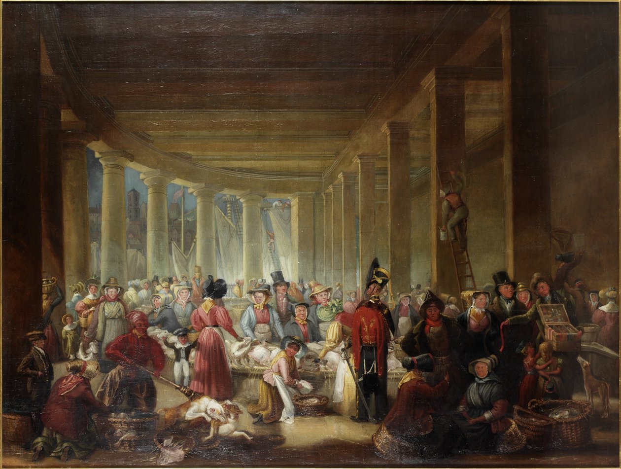The Old Fish Market, Sandhill, Newcastle upon Tyne (olje på lerret) av Henry Perlee Parker