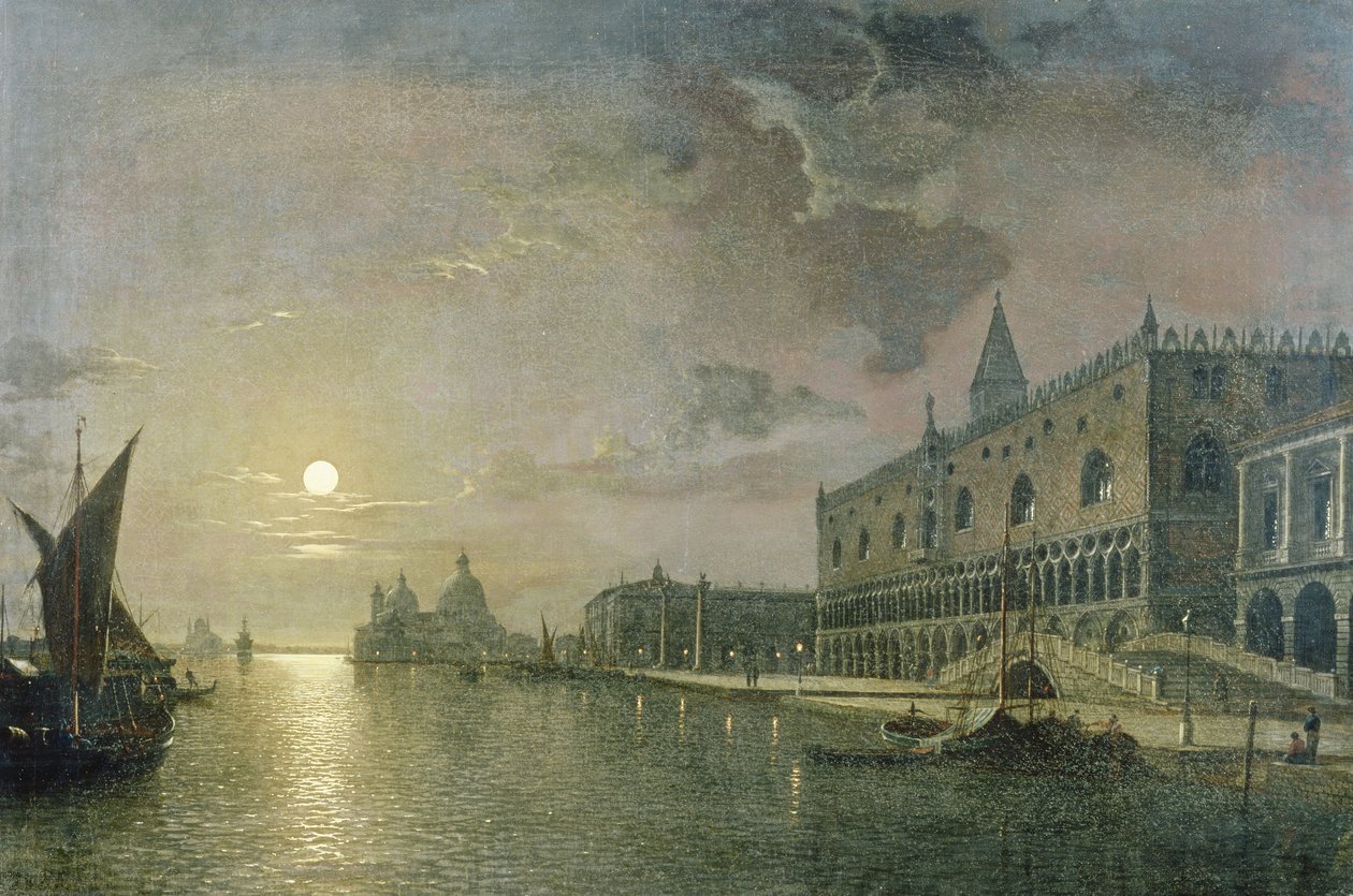 Månebelyst utsikt over Bacino Di San Marco, Venezia, med Dogepalasset av Henry Pether