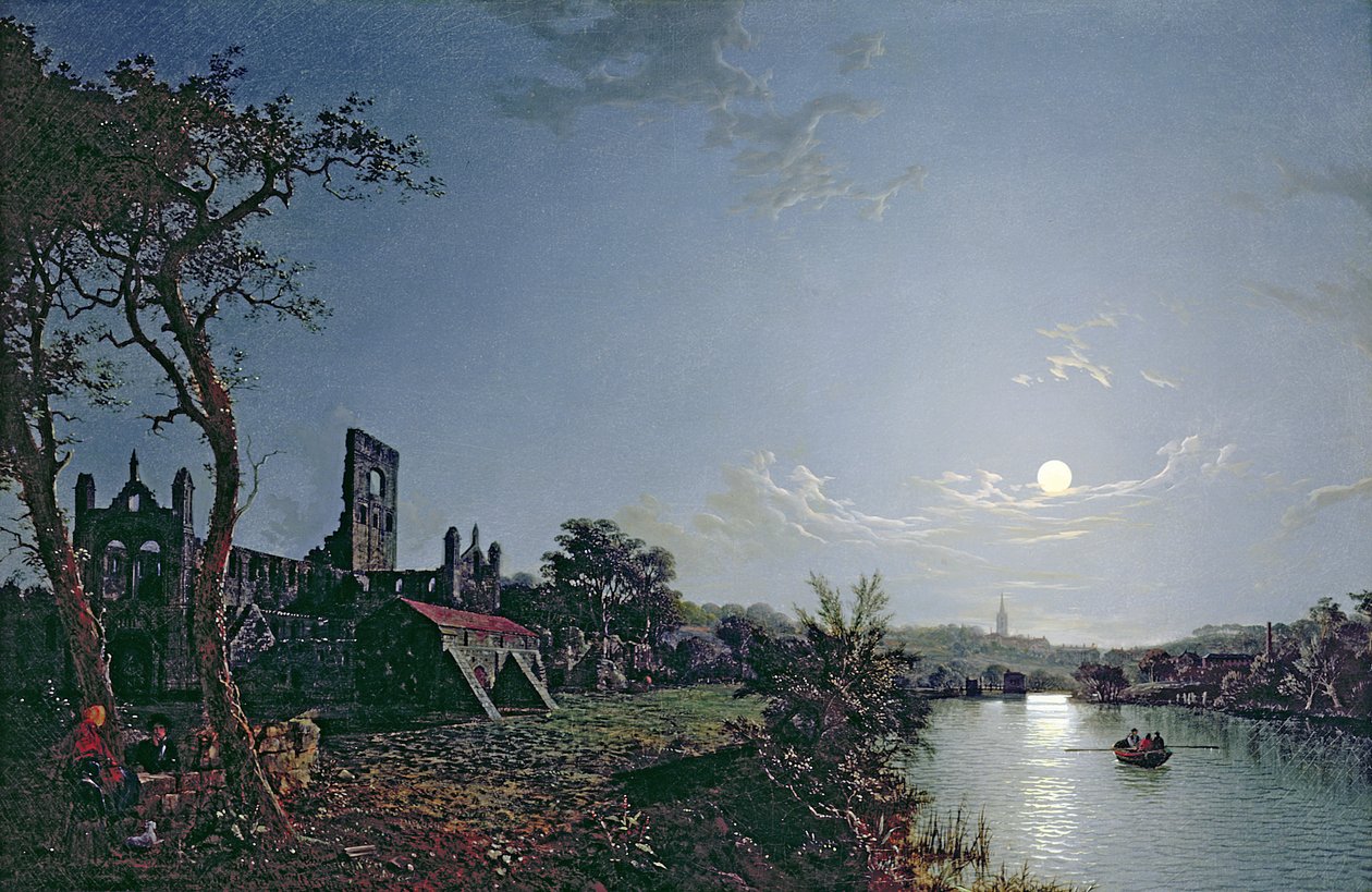 Morgen med utsikt over Kirkstall Abbey (olje på lerret) av Henry Pether