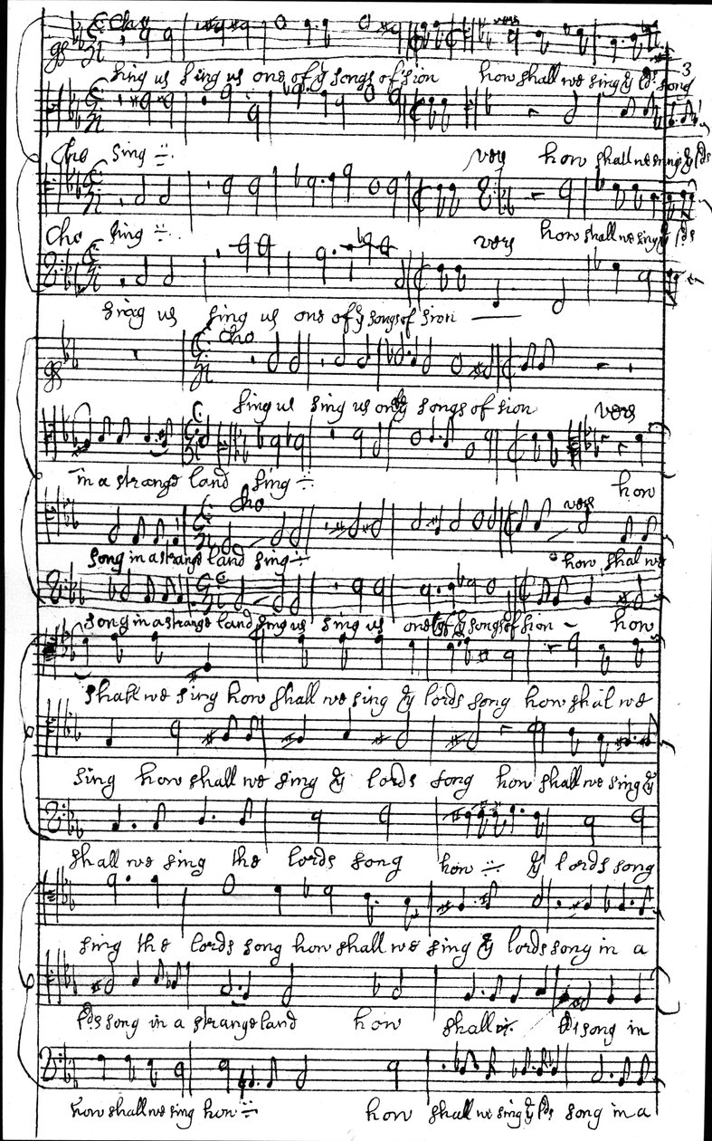 Autografmanuskript av partituret til Salme 137 Hvordan skal vi synge Herrens sang i et fremmed land, før 1683 av Henry Purcell